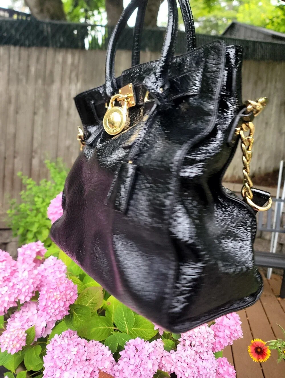 MK Black Patent Leather Tote Handbag with Gold Hardware
